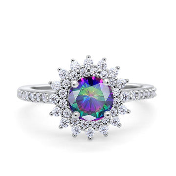 Halo Starburst Flower Wedding Ring Simulated Rainbow CZ 925 Sterling Silver